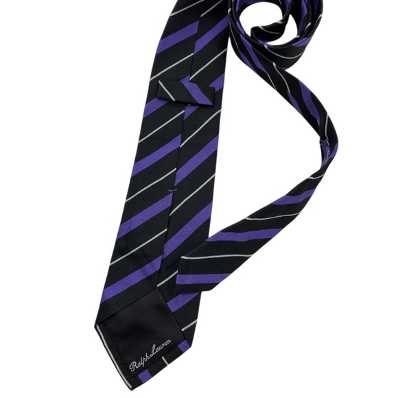 RALPH LAUREN PURPLE LABEL Black/Purple Striped Silk LUXURY Tie HANDMADE ITALY - Picture 2 of 6